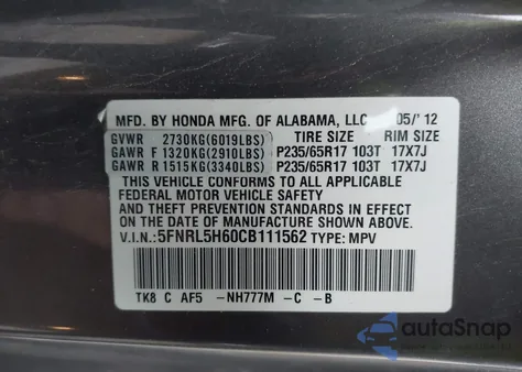 2012 Honda Odyssey Ex-L from USA, damaged, VIN 5FNRL5H60CB111562